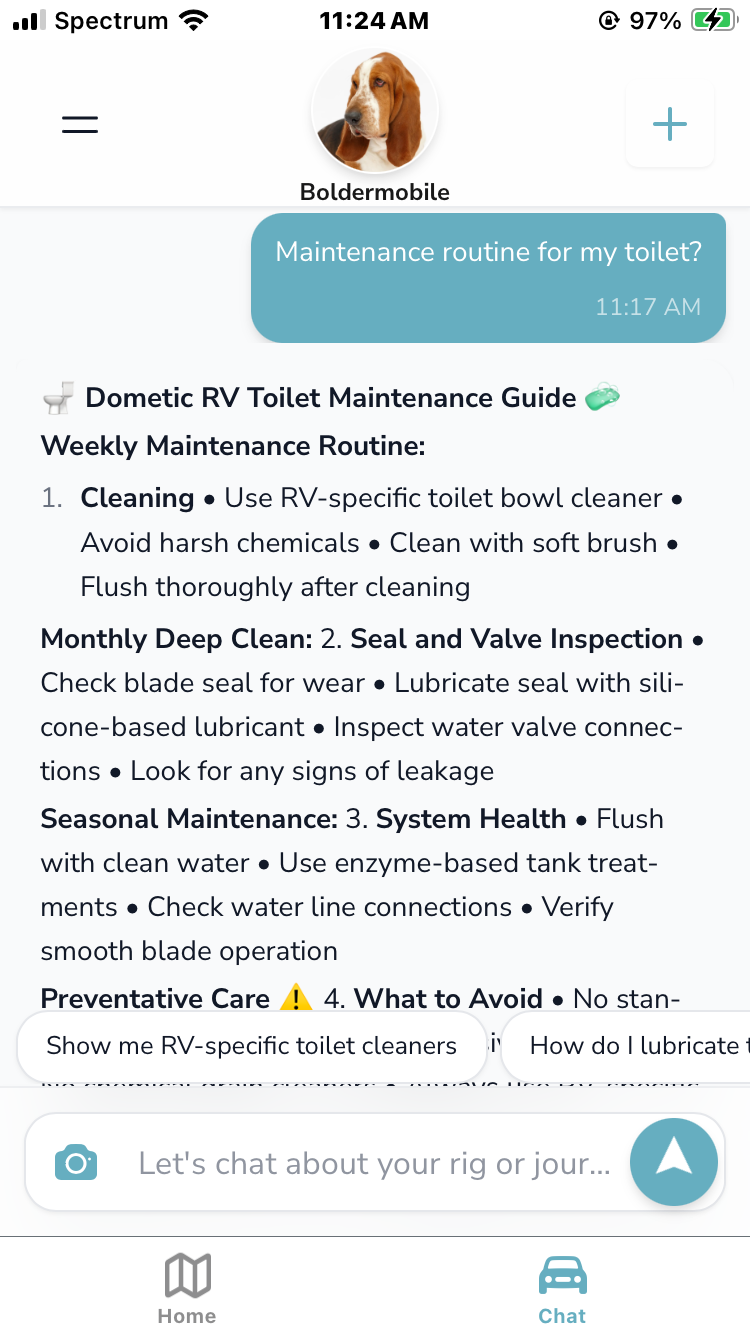 Grover app showing detailed Dometic RV toilet maintenance guide with weekly cleaning routines, monthly seal inspections, seasonal system health checks, and preventative care tips